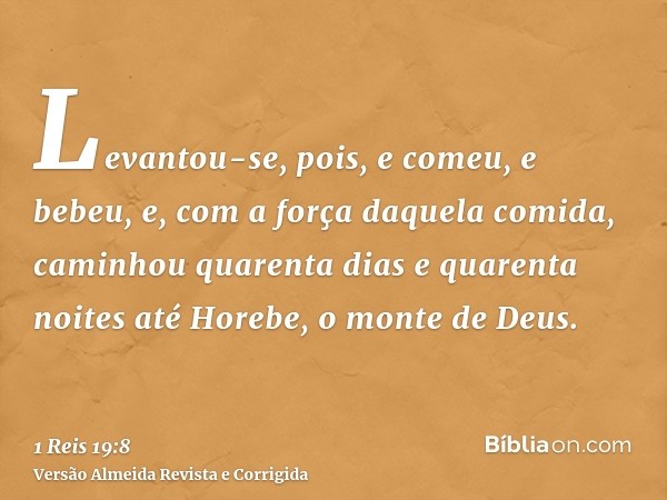 Levantou-se, pois, e comeu, e bebeu, e, com a força daquela comida, caminhou quarenta dias e quarenta noites até Horebe, o monte de Deus.