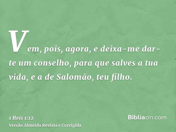 Vem, pois, agora, e deixa-me dar-te um conselho, para que salves a tua vida, e a de Salomão, teu filho.