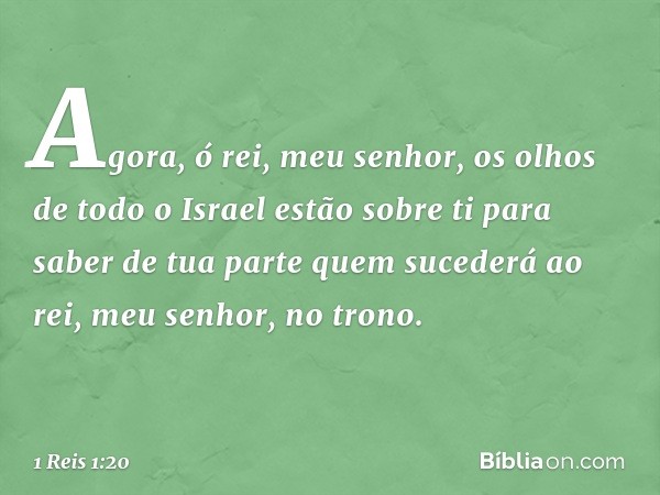 Agora, ó rei, meu senhor, os olhos de todo o Israel estão sobre ti para saber de tua parte quem sucederá ao rei, meu senhor, no trono. -- 1 Reis 1:20