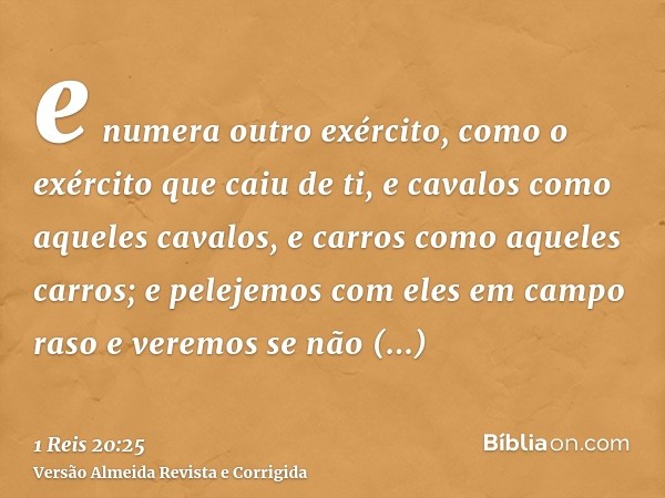 e numera outro exército, como o exército que caiu de ti, e cavalos como aqueles cavalos, e carros como aqueles carros; e pelejemos com eles em campo raso e vere