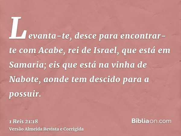 Levanta-te, desce para encontrar-te com Acabe, rei de Israel, que está em Samaria; eis que está na vinha de Nabote, aonde tem descido para a possuir.