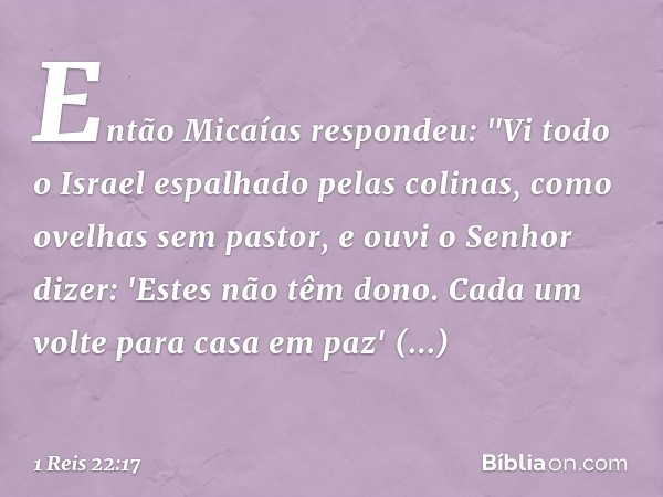 Então Micaías respondeu: "Vi todo o Israel espalhado pelas colinas, como ovelhas sem pastor, e ouvi o Senhor dizer: 'Estes não têm dono. Cada um volte para casa