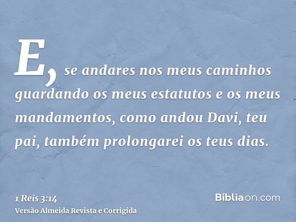 E, se andares nos meus caminhos guardando os meus estatutos e os meus mandamentos, como andou Davi, teu pai, também prolongarei os teus dias.