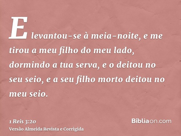 E levantou-se à meia-noite, e me tirou a meu filho do meu lado, dormindo a tua serva, e o deitou no seu seio, e a seu filho morto deitou no meu seio.