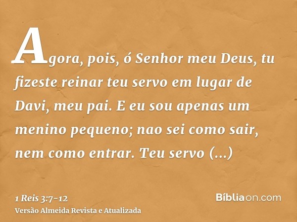 Agora, pois, ó Senhor meu Deus, tu fizeste reinar teu servo em lugar de Davi, meu pai. E eu sou apenas um menino pequeno; nao sei como sair, nem como entrar.Teu