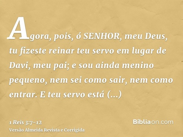 Agora, pois, ó SENHOR, meu Deus, tu fizeste reinar teu servo em lugar de Davi, meu pai; e sou ainda menino pequeno, nem sei como sair, nem como entrar.E teu ser