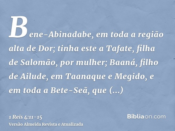 Bene-Abinadabe, em toda a região alta de Dor; tinha este a Tafate, filha de Salomão, por mulher;Baaná, filho de Ailude, em Taanaque e Megido, e em toda a Bete-S