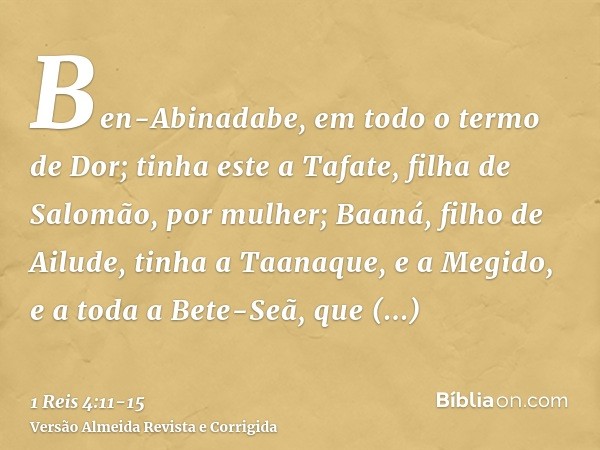 Ben-Abinadabe, em todo o termo de Dor; tinha este a Tafate, filha de Salomão, por mulher;Baaná, filho de Ailude, tinha a Taanaque, e a Megido, e a toda a Bete-S