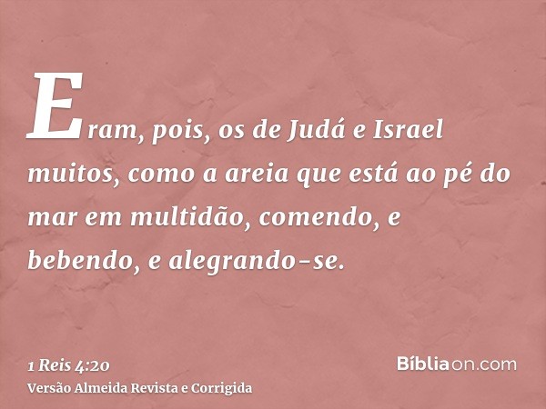 Eram, pois, os de Judá e Israel muitos, como a areia que está ao pé do mar em multidão, comendo, e bebendo, e alegrando-se.