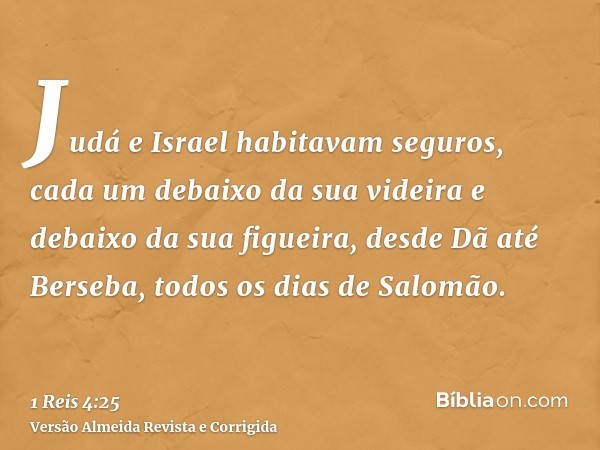 Judá e Israel habitavam seguros, cada um debaixo da sua videira e debaixo da sua figueira, desde Dã até Berseba, todos os dias de Salomão.