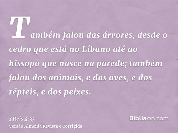 Também falou das árvores, desde o cedro que está no Líbano até ao hissopo que nasce na parede; também falou dos animais, e das aves, e dos répteis, e dos peixes