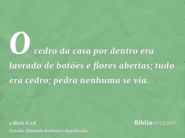 O cedro da casa por dentro era lavrado de botões e flores abertas; tudo era cedro; pedra nenhuma se via.