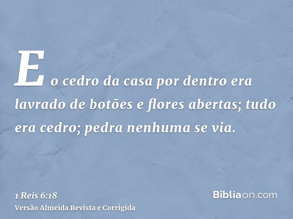 E o cedro da casa por dentro era lavrado de botões e flores abertas; tudo era cedro; pedra nenhuma se via.
