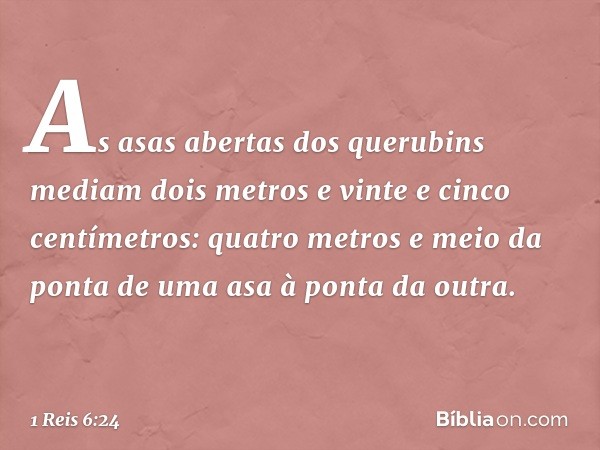 As asas abertas dos querubins mediam dois metros e vinte e cinco centímetros: quatro metros e meio da ponta de uma asa à ponta da outra. -- 1 Reis 6:24