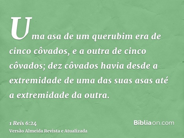 Uma asa de um querubim era de cinco côvados, e a outra de cinco côvados; dez côvados havia desde a extremidade de uma das suas asas até a extremidade da outra.
