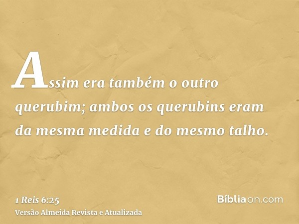 Assim era também o outro querubim; ambos os querubins eram da mesma medida e do mesmo talho.