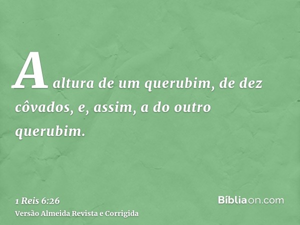 A altura de um querubim, de dez côvados, e, assim, a do outro querubim.