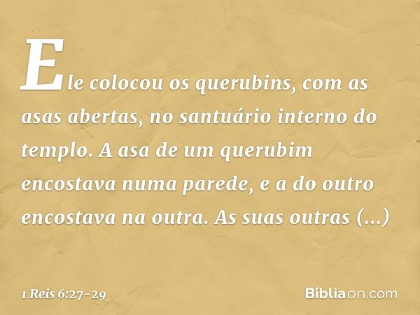 Ele colocou os querubins, com as asas abertas, no santuário interno do templo. A asa de um querubim encostava numa parede, e a do outro encostava na outra. As s