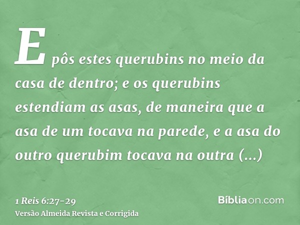 E pôs estes querubins no meio da casa de dentro; e os querubins estendiam as asas, de maneira que a asa de um tocava na parede, e a asa do outro querubim tocava