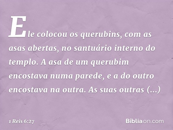 Ele colocou os querubins, com as asas abertas, no santuário interno do templo. A asa de um querubim encostava numa parede, e a do outro encostava na outra. As s