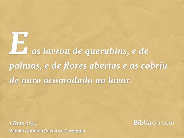 E as lavrou de querubins, e de palmas, e de flores abertas e as cobriu de ouro acomodado ao lavor.