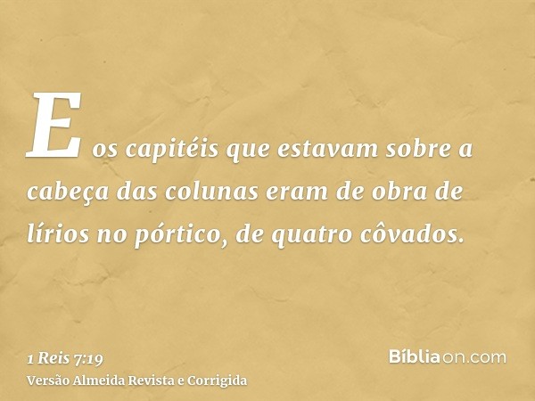 E os capitéis que estavam sobre a cabeça das colunas eram de obra de lírios no pórtico, de quatro côvados.