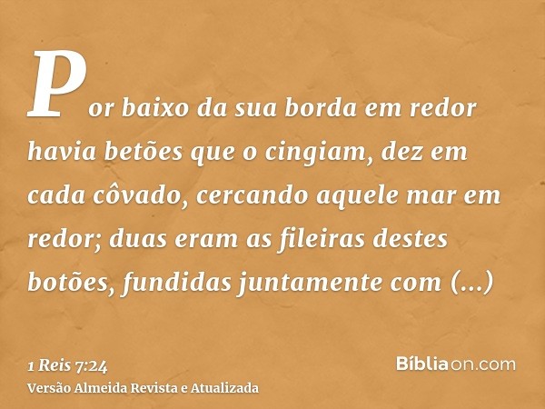 Por baixo da sua borda em redor havia betões que o cingiam, dez em cada côvado, cercando aquele mar em redor; duas eram as fileiras destes botões, fundidas junt