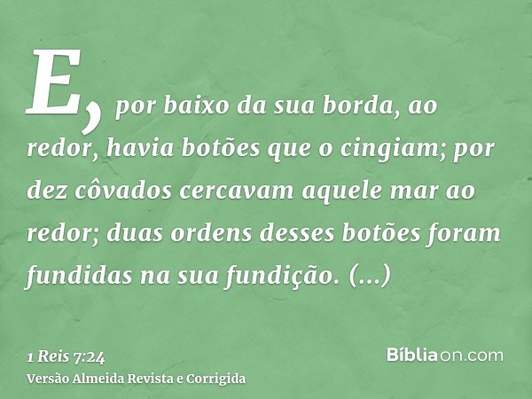 E, por baixo da sua borda, ao redor, havia botões que o cingiam; por dez côvados cercavam aquele mar ao redor; duas ordens desses botões foram fundidas na sua f