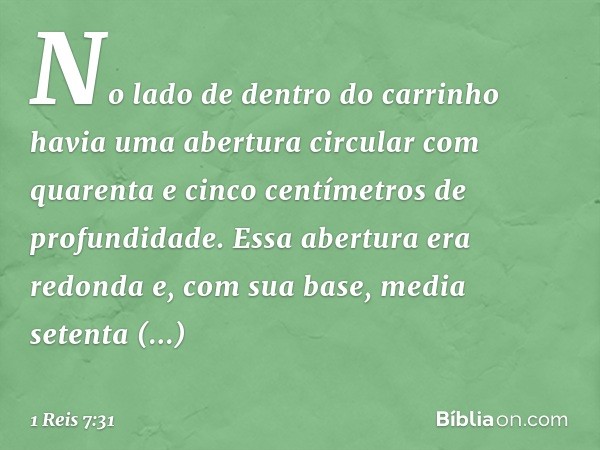 No lado de dentro do carrinho havia uma abertura circular com quarenta e cinco centímetros de profundidade. Essa abertura era redonda e, com sua base, media set