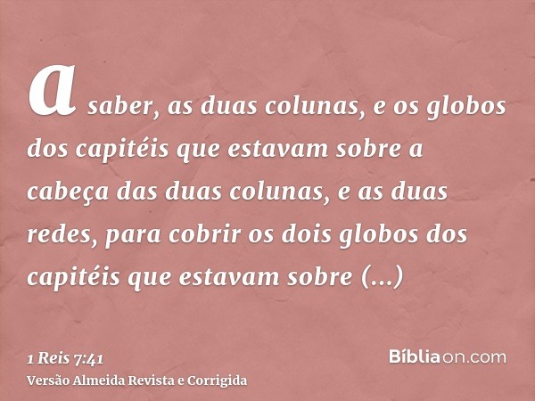 a saber, as duas colunas, e os globos dos capitéis que estavam sobre a cabeça das duas colunas, e as duas redes, para cobrir os dois globos dos capitéis que est