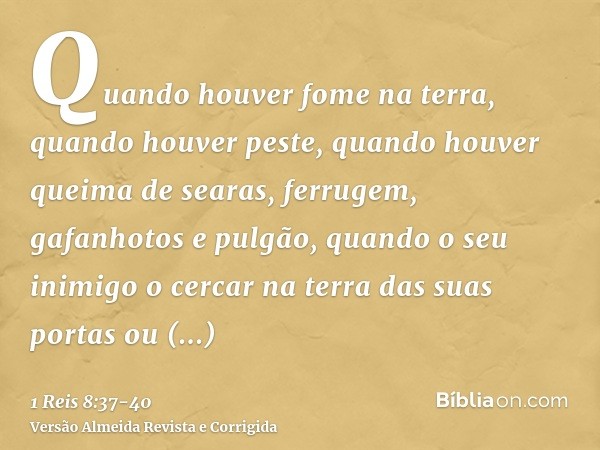 Quando houver fome na terra, quando houver peste, quando houver queima de searas, ferrugem, gafanhotos e pulgão, quando o seu inimigo o cercar na terra das suas