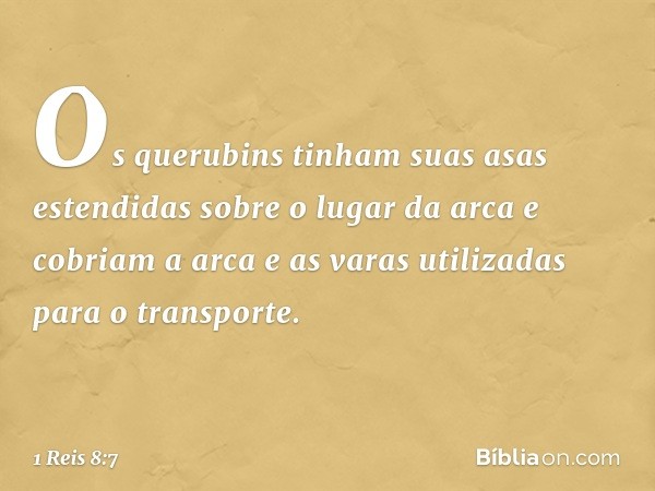 Os querubins tinham suas asas estendidas sobre o lugar da arca e cobriam a arca e as varas utilizadas para o transporte. -- 1 Reis 8:7