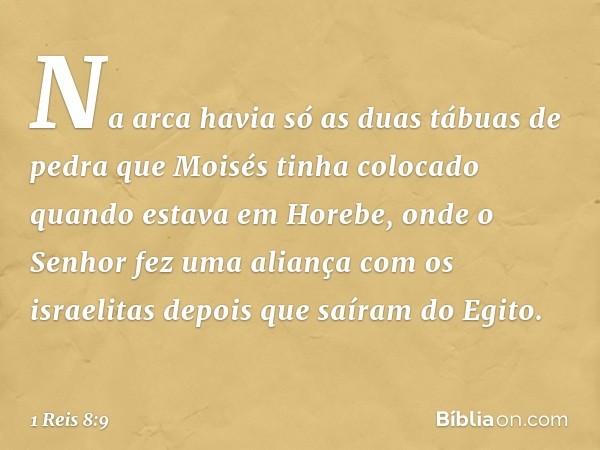 Na arca havia só as duas tábuas de pedra que Moisés tinha colocado quando estava em Horebe, onde o Senhor fez uma aliança com os israelitas depois que saíram do