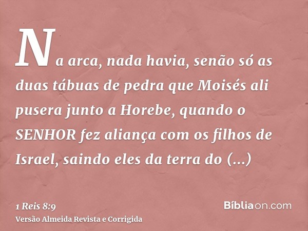 Na arca, nada havia, senão só as duas tábuas de pedra que Moisés ali pusera junto a Horebe, quando o SENHOR fez aliança com os filhos de Israel, saindo eles da 