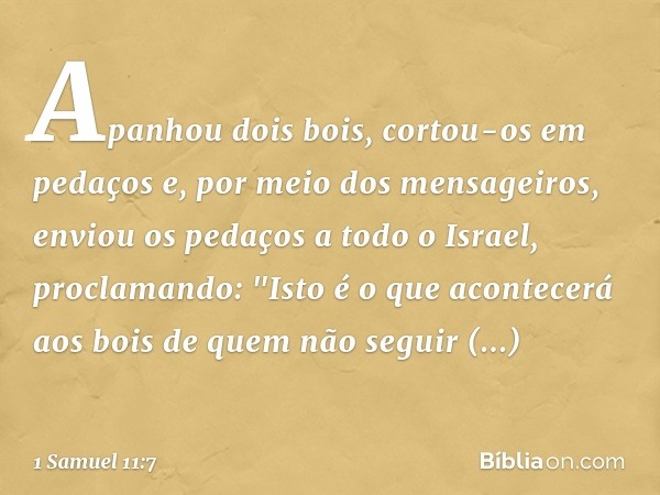 Apanhou dois bois, cortou-os em pedaços e, por meio dos mensageiros, enviou os pedaços a todo o Israel, proclamando: "Isto é o que acontecerá aos bois de quem n