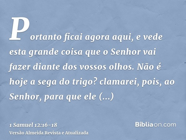 Portanto ficai agora aqui, e vede esta grande coisa que o Senhor vai fazer diante dos vossos olhos.Não é hoje a sega do trigo? clamarei, pois, ao Senhor, para q