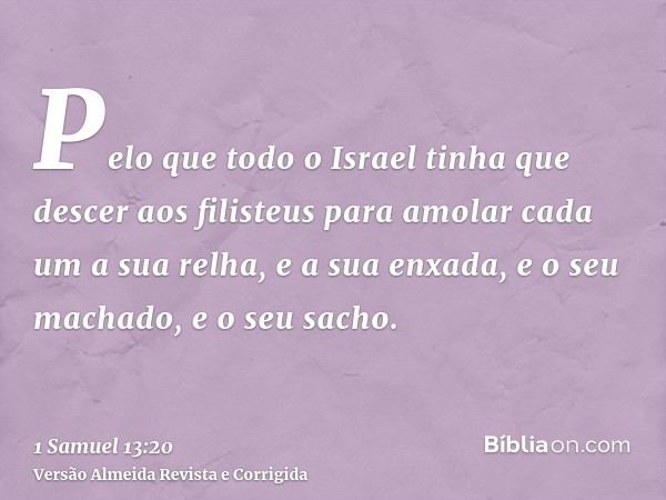 Pelo que todo o Israel tinha que descer aos filisteus para amolar cada um a sua relha, e a sua enxada, e o seu machado, e o seu sacho.