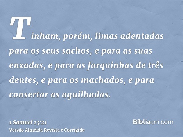 Tinham, porém, limas adentadas para os seus sachos, e para as suas enxadas, e para as forquinhas de três dentes, e para os machados, e para consertar as aguilha