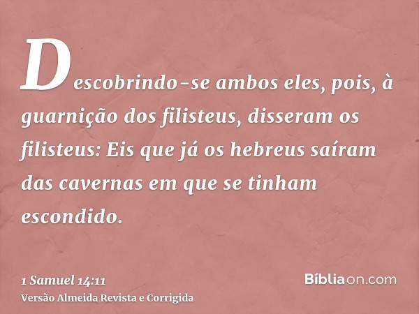 Descobrindo-se ambos eles, pois, à guarnição dos filisteus, disseram os filisteus: Eis que já os hebreus saíram das cavernas em que se tinham escondido.