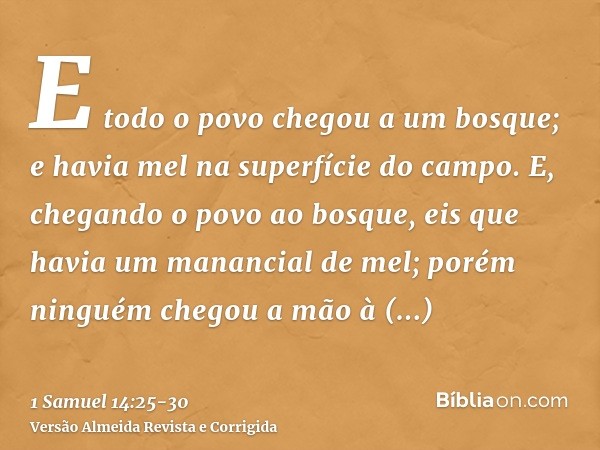 E todo o povo chegou a um bosque; e havia mel na superfície do campo.E, chegando o povo ao bosque, eis que havia um manancial de mel; porém ninguém chegou a mão