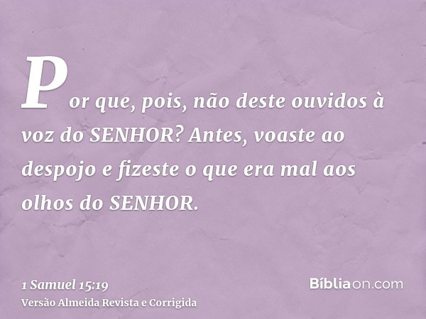 Por que, pois, não deste ouvidos à voz do SENHOR? Antes, voaste ao despojo e fizeste o que era mal aos olhos do SENHOR.