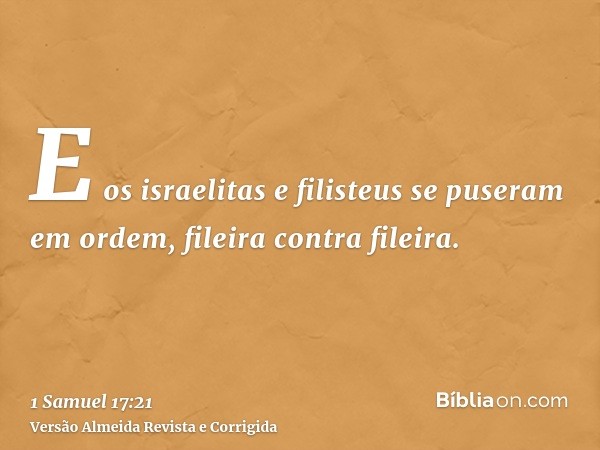 E os israelitas e filisteus se puseram em ordem, fileira contra fileira.