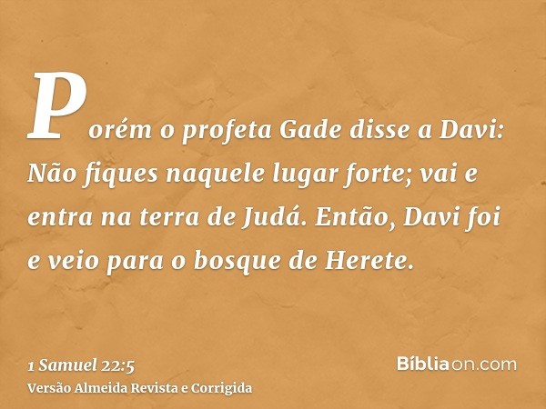 Porém o profeta Gade disse a Davi: Não fiques naquele lugar forte; vai e entra na terra de Judá. Então, Davi foi e veio para o bosque de Herete.