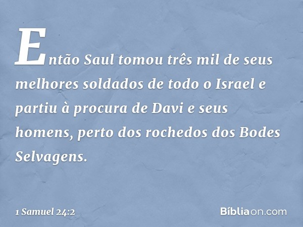 Então Saul tomou três mil de seus melhores soldados de todo o Israel e partiu à procura de Davi e seus homens, perto dos rochedos dos Bodes Selvagens. -- 1 Samu