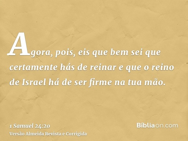 Agora, pois, eis que bem sei que certamente hás de reinar e que o reino de Israel há de ser firme na tua mão.