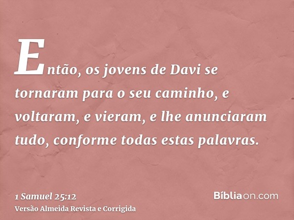 Então, os jovens de Davi se tornaram para o seu caminho, e voltaram, e vieram, e lhe anunciaram tudo, conforme todas estas palavras.