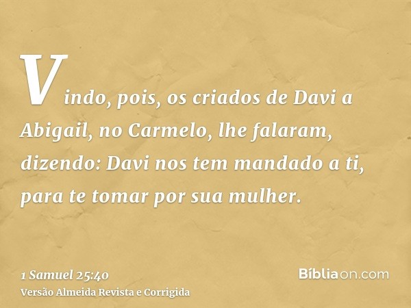 Vindo, pois, os criados de Davi a Abigail, no Carmelo, lhe falaram, dizendo: Davi nos tem mandado a ti, para te tomar por sua mulher.