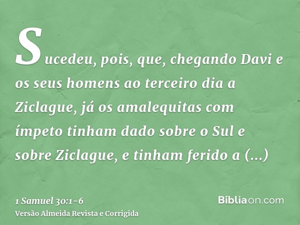 Sucedeu, pois, que, chegando Davi e os seus homens ao terceiro dia a Ziclague, já os amalequitas com ímpeto tinham dado sobre o Sul e sobre Ziclague, e tinham f