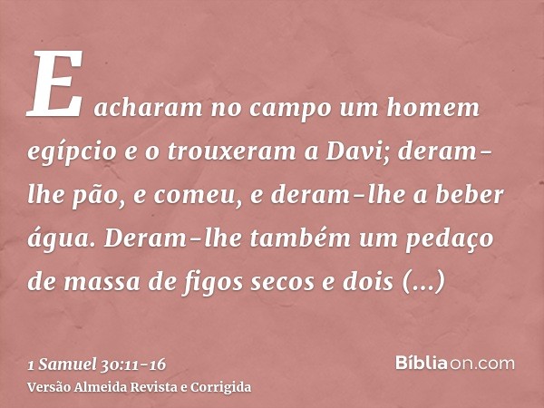 E acharam no campo um homem egípcio e o trouxeram a Davi; deram-lhe pão, e comeu, e deram-lhe a beber água.Deram-lhe também um pedaço de massa de figos secos e 