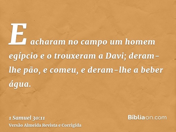 E acharam no campo um homem egípcio e o trouxeram a Davi; deram-lhe pão, e comeu, e deram-lhe a beber água.